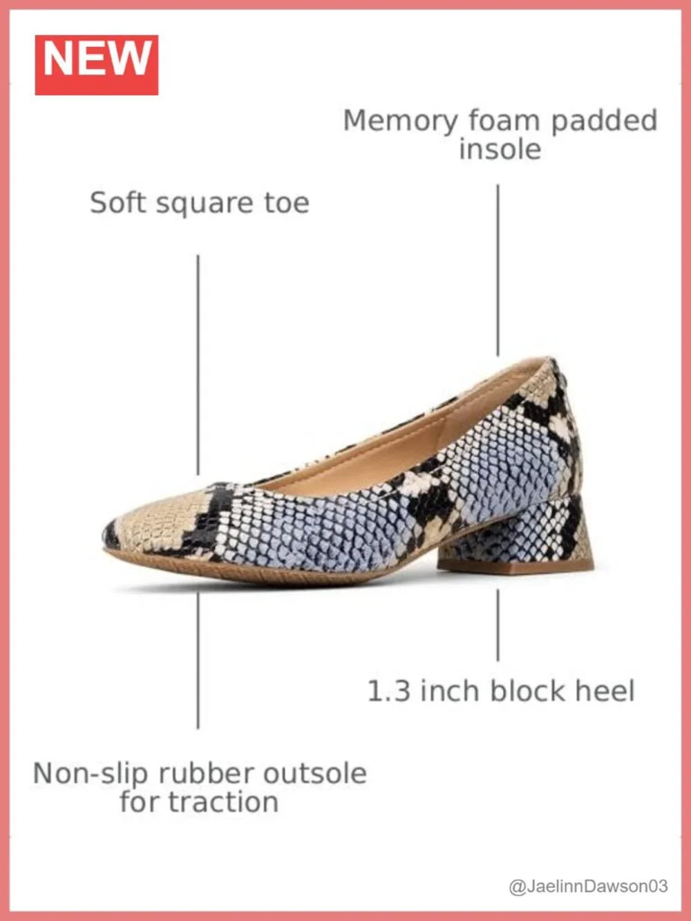Women's RYA Square Toe Block Heel Pumps - Memory Foam Insole, Non-Slip Rubber